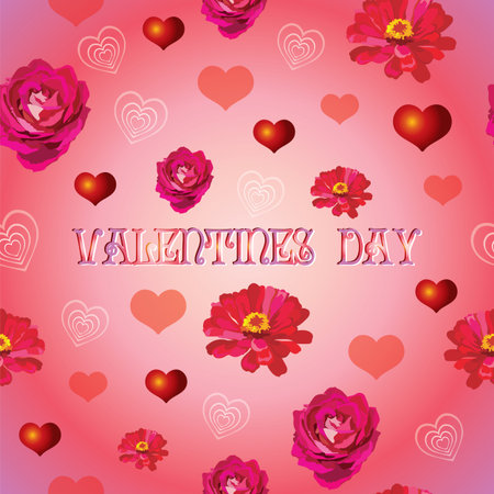 Vector colorful illustration. Seamless pattern with different colorful hearts shape and flowers isolated on gradient  background. Image for art and design. Valentines day.のイラスト素材