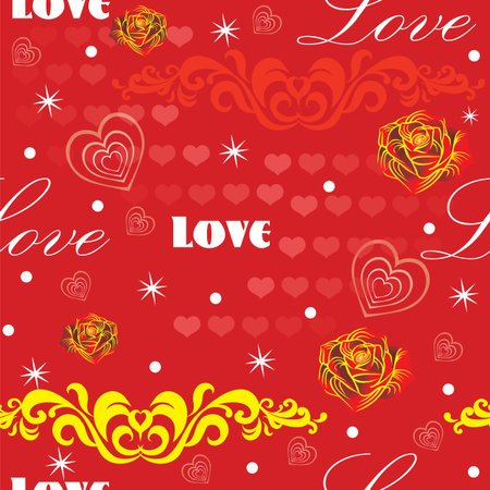 Vector colorful illustration. Seamless pattern with different colorful elements in hearts shape, hearts and curl decorative elements, red roses isolated on red background. Romantic image for art and design. Valentines day.のイラスト素材