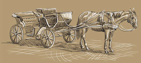 Vector hand drawing Illustration horse-drawn carriage. Monochrome vector hand drawing sketch illustration in black and white colors isolated on beige background.のイラスト素材