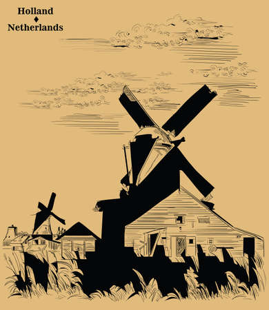 Vector hand drawing Illustration of Landmark watermill in Amsterdam (Netherlands, Holland). Watermill on the meadow. Vector engraving illustration in black color isolated on beige background.のイラスト素材