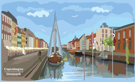 Cityscape pier in Copenhagen, Denmark. International landmark of Denmark. Colorful vector illustration.のイラスト素材