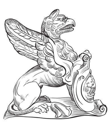 Ancient stone sculpture of griffin, sitting in profile. Vector hand drawing illustration in black color isolated on white background.のイラスト素材