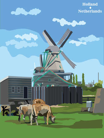 Vector colorful Illustration of watermill in Amsterdam (Netherlands, Holland). Landmark of Holland. Watermill and cows grazing on the meadow.Colorful vector illustration.のイラスト素材