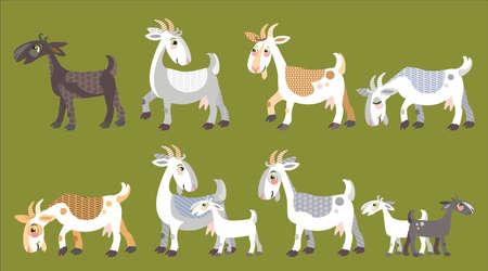Colorful decorative outline funny goats and kid goats standing in profile.  Farm animals and birds vector cartoon flat illustration in different colors isolated on green background.のイラスト素材