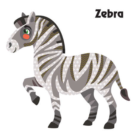 Colorful decorative outline funny colorful zebra standing in profile. Wild animals and birds vector cartoon flat illustration in different colors isolated on wite background. のイラスト素材
