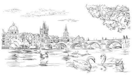 Vector hand drawing Illustration Cityscape of Charles Bridge and swans in Vltava river in Prague. Landmark of Prague, Czech Republic. Vector illustration in black color isolated on white background.のイラスト素材
