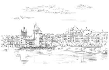 Vector hand drawing Illustration of Prague old city panorama, river Vltava. Landmark of Prague, Czech Republic. Vector illustration in black color isolated on white background.のイラスト素材