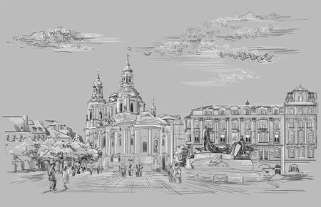 Vector hand drawing Illustration. Cityscape of St. Nicholas church and Jan Hus Memorial. Landmark of Prague, Czech Republic. Vector illustration in black and white colors isolated on gray background.のイラスト素材