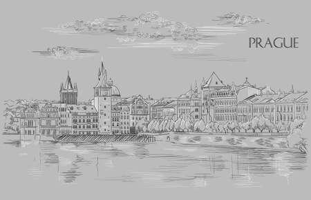 Vector hand drawing Illustration of Prague old city panorama, river Vltava. Landmark of Prague, Czech Republic. Vector illustration in black and white colors isolated on grey background.のイラスト素材