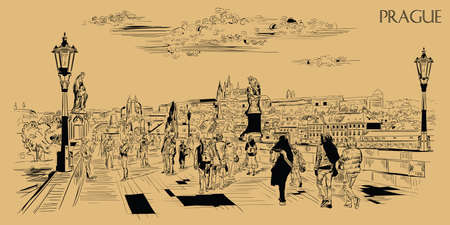 Vector hand drawing Illustration of Charles Bridge and panorama of  Prague. Landmark of Prague, Czech Republic. Vector illustration in black color isolated on beige background.のイラスト素材