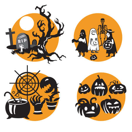 Vector Set for Halloween, four small illustration with characters of Halloween (graves with scary dead tree, children in Halloween costume, cauldron with web and Halloween pumpkins). Stock image for designeのイラスト素材