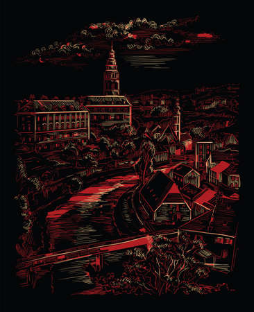 Vector hand drawing Illustration of panoramic cityscape of Cesky Krumlov. Aerial View on roofs, castle and river. Landmark of Czech Republic. Vector illustration in red and beige colors isolated on black background.のイラスト素材