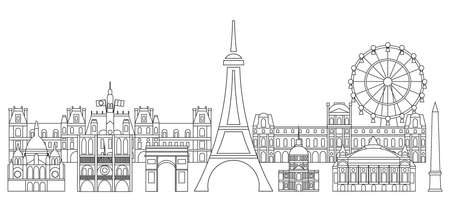 Panoramic line art style Paris City Skyline vector Illustration in black color isolated on white background. Vector silhouette Illustration of landmarks of Paris,France. Paris vector icon. Paris building outline.のイラスト素材