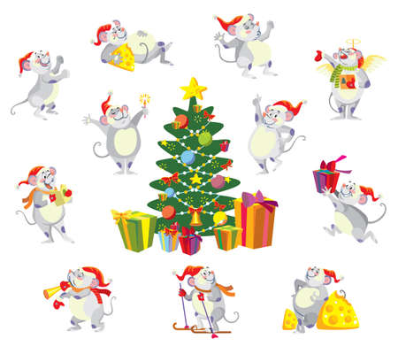 Vector isolated illustration of cute mouse character in different situations: sing, dance, run, overeat.Christmas tree.Cartoon stock illustration.Christmas eve concept. For prints, banners, stickers, cardsのイラスト素材