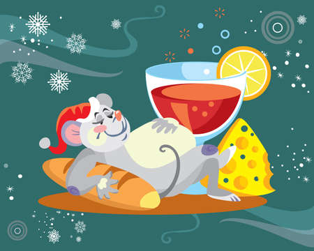Vector illustration of cute overeat mouse character with glass of wine on turquoise background. Vector cartoon stock illustration.Winter holiday, Christmas eve concept. For prints, banners, stickers, cardsのイラスト素材
