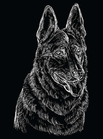German Shepherd Dog vector hand drawing illustration in white color isolated on black backgroundのイラスト素材