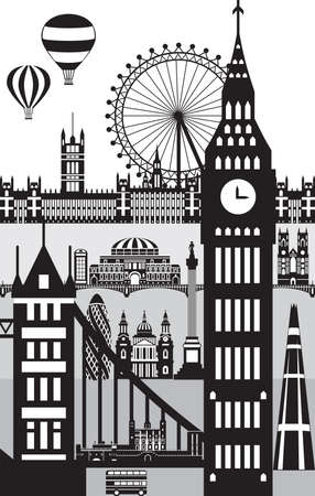 Vertical poster of main landmarks of London. City Skyline vector illustration in black color isolated on white background. Monochrome silhouette illustration of landmarks of London, England.のイラスト素材