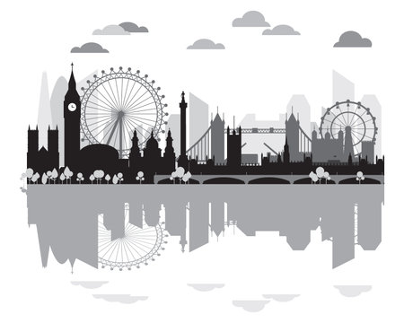 Monochrome London city skyline silhouette with reflection, vector illustration in black and grey colors isolated on white background. Outline panoramic vector silhouette illustration of landmarks of London, England.のイラスト素材