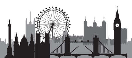 Monochrome London city skyline silhouette vector Illustration in black and grey colors isolated on white background. Panoramic vector silhouette Illustration of landmarks of London, England.のイラスト素材