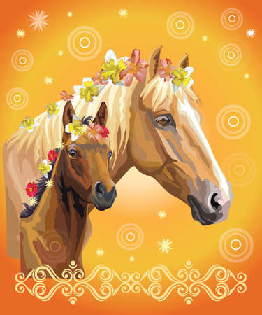 Mare and foal vector colorful realistic illustration. Portrait of horses with different flowers in mane isolated on orange gradient background with decorative ornament and circles. Image for art and designのイラスト素材