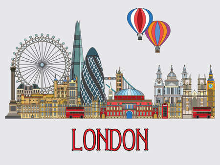 Colorful vector line art set of London landmarks. Skyline vector illustration isolated on grey background. Set of vector colorful illustration of attractions of London, England. のイラスト素材