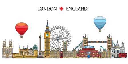 Colorful vector line art illustration of London landmarks isolated on white background. London skyline vector illustration. Set of vector colorful illustration of attractions of London, England. のイラスト素材