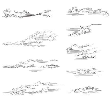 Vector hand drawing set of clouds different shapes in black color isolated on white background. Monochrome vintage clouds. Vector illustration of clouds. Image for design, cards.のイラスト素材