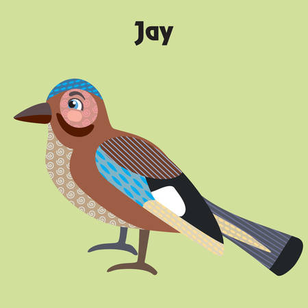 Colorful decorative outline cute jay bird sitting in profile. Wild animals and birds vector cartoon characters flat illustration in different colors isolated on green background.Vector stock illustration.のイラスト素材