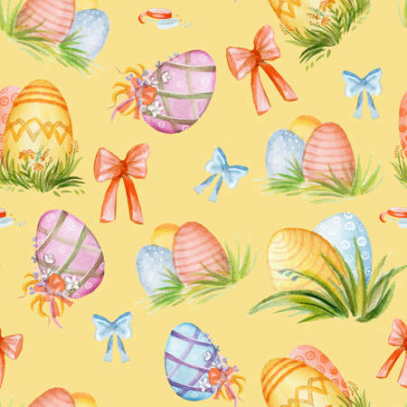 Colorful seamless pattern with easter concept. Easter watercolor pattern with easter eggs and ribbons isolated on yellow background. Srock illustrationの写真素材