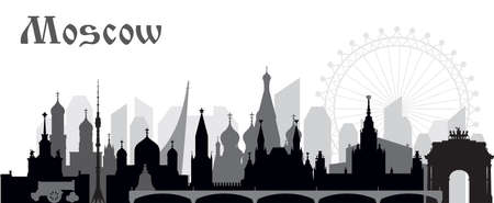 Panoramic Moscow skyline travel illustration with main architectural landmarks. Worldwide traveling concept. Moscow city landmarks, monochrome russian tourism and journey vector background.のイラスト素材