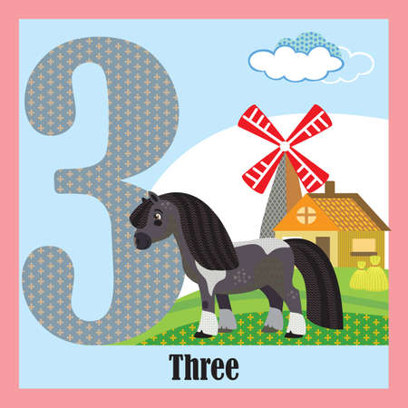 Vector cartoon flashcards of animal numbers, number 3. Colorful cartoon illustration of number 3 and pony vector character. Bright colors zoo wildlife illustration. Cute flat cartoon style. Stock illustration.のイラスト素材