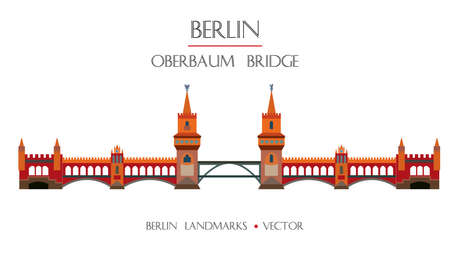 Colorful vector Oberbaum Bridge front view, famous landmark of Berlin, Germany. Vector flat illustration isolated on white background. Berlin travel concept. Stock illustrationのイラスト素材