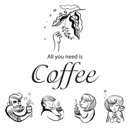 Vector hand drawing illustration of characters loving coffee  isolated on white background. All you need is coffee. Illustration of people drinking coffee. Food and drink concept. Stock illustrationのイラスト素材