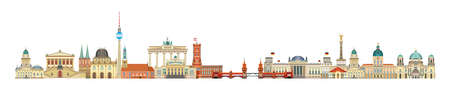 Panoramic Berlin skyline travel illustration with main architectural landmarks in flat style isolated on white background. Berlin city landmarks front view, colorful German tourism and journey concept. Stock illustrationのイラスト素材