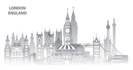 Panoramic London skyline travel illustration with main architectural landmarks. Worldwide traveling concept. London city landmarks, monochrome gradient english tourism and journey vector background.のイラスト素材
