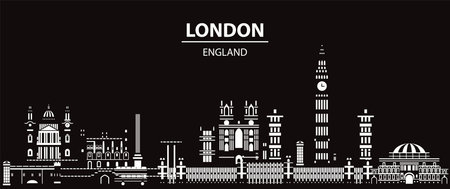 Vector panoramic London skyline travel illustration. London city landmarks in white color in black background. Worldwide tourism and journey traveling concept.Stock illustrationのイラスト素材