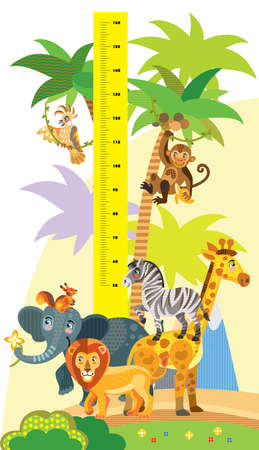 Height meter with wild animals vector cartoon illustration in flat style. Vector vertical scale measurement with cute african animals for children. Great for printed products and souvenirs.のイラスト素材