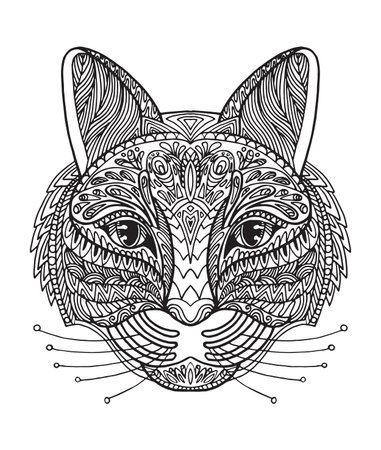 Vector decorative doodle ornamental head of cat. Abstract vector illustration of cat black contour isolated on white background. Stock illustration for coloring, design and tattoo. のイラスト素材