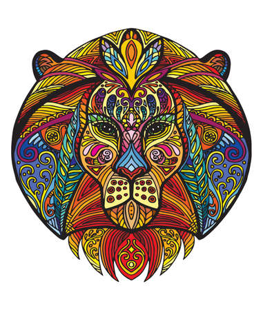 Vector decorative doodle ornamental head of lion. Abstract vector colorful illustration of lion head isolated on white background. Stock illustration for print, design and tattoo. のイラスト素材