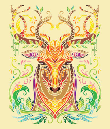 Vector decorative doodle ornamental head of deer. Abstract vector colorful illustration of lion head isolated on yellow background. Stock illustration for print, design and tattoo. のイラスト素材