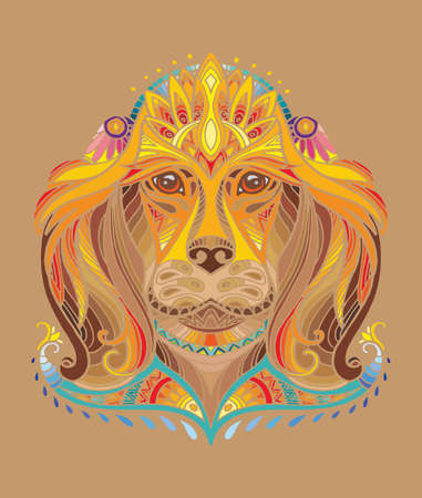 Vector decorative doodle ornamental head of dog. Abstract vector colorful illustration of dog head isolated on brown background. Stock illustration for print, design and tattoo. のイラスト素材