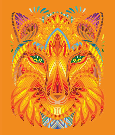 Vector decorative doodle ornamental head of fox. Abstract vector colorful illustration of fox head isolated on orange background. Stock illustration for print, design and tattoo. のイラスト素材