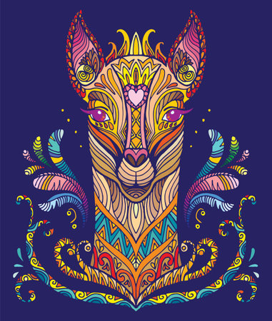 Vector decorative doodle ornamental lama. Abstract vector colorful illustration of lama isolated on blue background. Stock illustration for print, design and tattoo. のイラスト素材