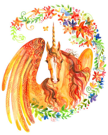 Unicorn with wings in floral frame, watercolor illustration isolated on white background for design, greeting cards, paper. Stock illustration. の写真素材