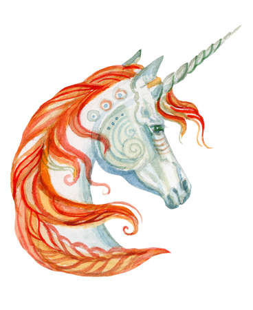 Magic unicorn with orange mane looking in profile, watercolor illustration isolated on white background for greeting cards, print and design. Stock illustrationの写真素材