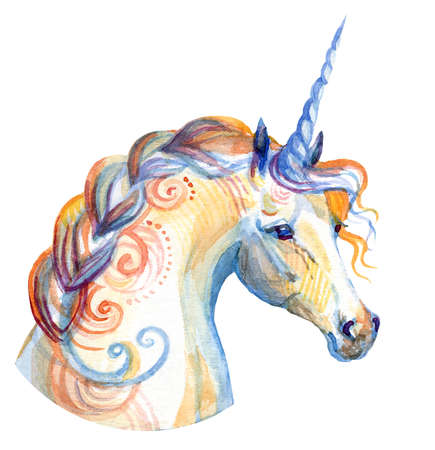 Decorative unicorn with ornament looking in profile, watercolor illustration isolated on white background for greeting cards, print, design. Stock illustrationの写真素材