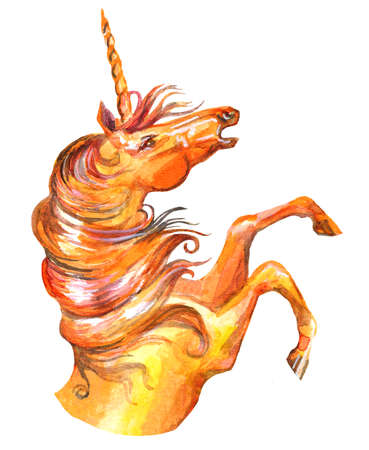 Decorative orange unicorn, watercolor illustration isolated on white background for greeting cards, print, design. Stock illustrationの写真素材