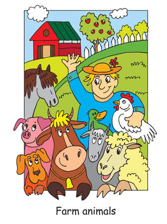 Coloring pages with happy farmer and his farm animals. Cartoon vector illustration. Stock illustration for design, preschool education, print and game.のイラスト素材