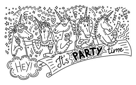 Vector humor doodle and lettering horisontal illustration with happy unicorns on the party: drink a cocktail, hug and smile. For stickers, greeting card, design, print, t-shirts and decoration.のイラスト素材
