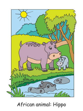 Vector coloring pages with cute hippo family in african area. Cartoon colorful illustration isolated on white. Stock illustration for coloring book, preschool education, print and game.のイラスト素材